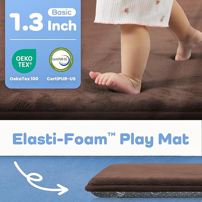 PAPAMAT 1.3" Thick Baby Floor Play Mat 50x50, Basic Padded Foam Mat for Tummy Time Crawling, Non Slip Cushioned for Babies Toddlers Infants Kids (Brown)