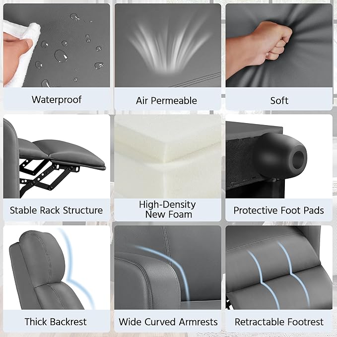 Yaheetech Recliner Chair PU Leather Recliner Sofa Home Theater Seating with Lumbar Support Overstuffed High-Density Sponge Push Silver Gray Recliners