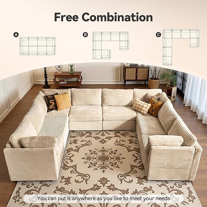 CAODOC Large 8 Seat Modular Sectional Sofa with Ottoman Seat Corduroy Sleeper Sectional Sofa Bed Oversized Convertible Modular Couch for Living Room