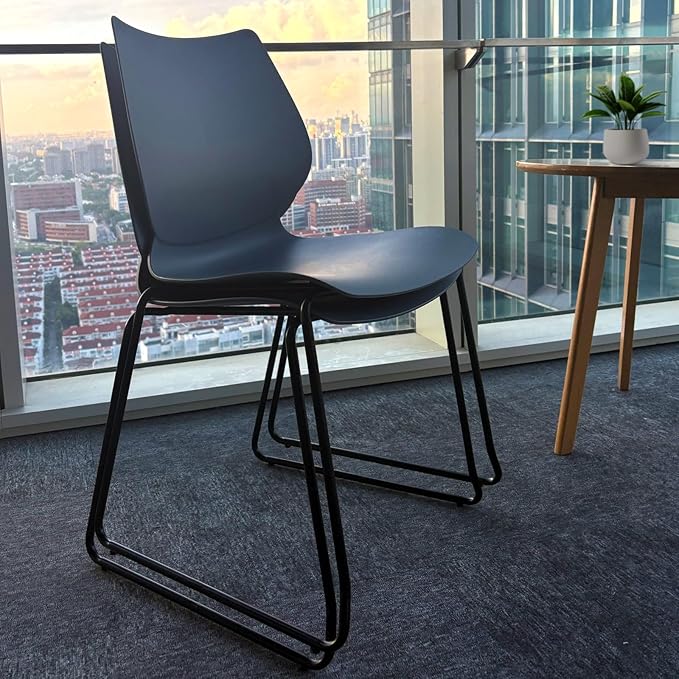 Stackable Waiting Room Chair, Stacking Office Chair with Ergonomic Lumbar Support and Metal Legs, Plastic Desk Chairs for Conference School Church Guest Reception Set of 4, Black