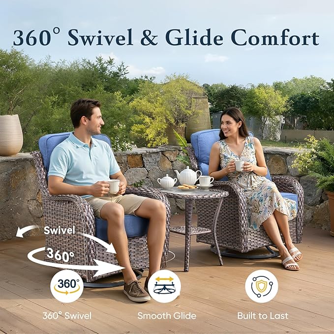 Belord Luxury 6" Thick Cushioned Outdoor Swivel Rocker Patio Chairs with Side Table, High Back Wicker Furniture Set with Ergonomic Zone Back, Conversation Glider Set for Deck Porch - Brown+Blue