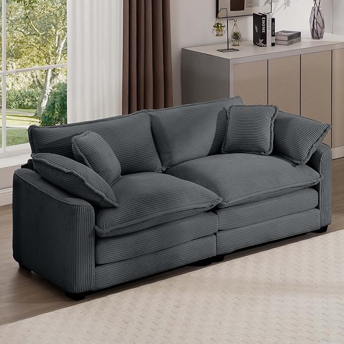 Aoowow Corduroy Loveseat Couch,Modern 2 Seater Cloud Couches for Living Room,Modular Sectional Cloud Sofas with Deep Seat,Large Love Seat for Small Spaces,Apartment,Office. (Grey, 2 Seater)