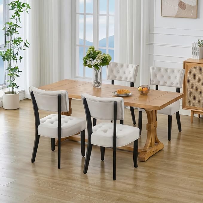 UVV Upholstered Dining Chairs Set of 4, Mid Century Modern Tufted Kitchen Chairs Dining Room Chairs, Velvet Dinner Chair with Wood Legs for Dining Room Kitchen, Beige-Black Legs
