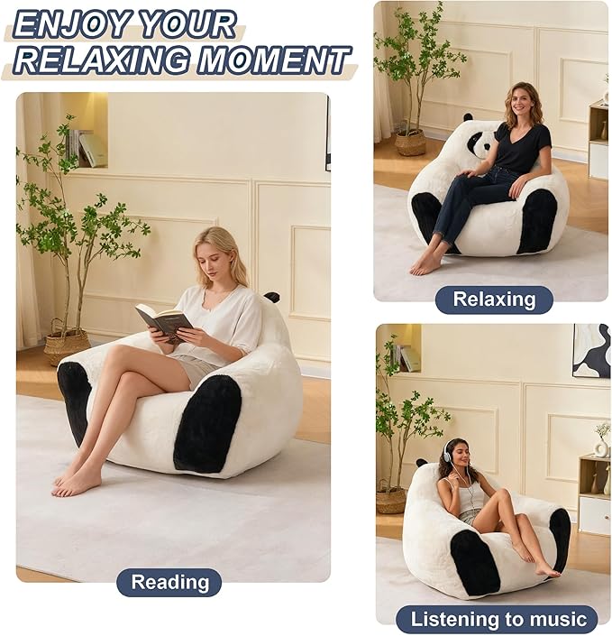 Giant Bean Bag Chair,Comfy Reading Nook Chairs for Bedroom,Animal Floor Chairs,Faux Fur Panda Bear Shaped Beanbag Chairs,Oversized Bean Bag Couch for Bedroom,Living Room