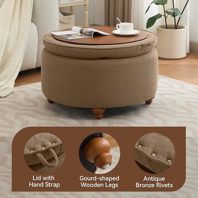 WUTUTUEE 30Inch Round Storage Ottoman with Tray, Modern Tufted Fabric Circle Coffee Table with Storage, Upholstered Ottoman with Removable Top for Living Room, Bedroom, Brown