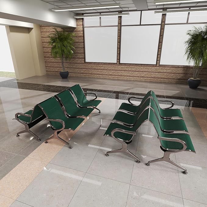 Kinfant 3-Seat Waiting Room Chair - Office Guest Reception Chairs with Ergonomic Backrests, Airport Waiting Bench with Armrests, Metal Waiting Furniture for Hospital, Bank (Dark Green, Set of 4)