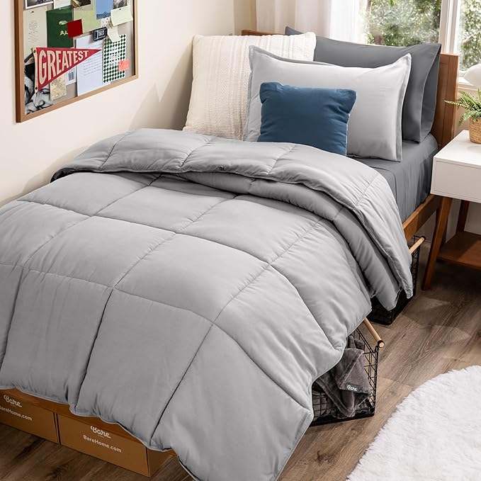 Bare Home Bed-in-A-Bag 5 Piece Comforter & Sheet Set - Twin - Goose Down Alternative - Ultra-Soft 1800 Premium Bed Set (Twin, Light Grey/Grey)