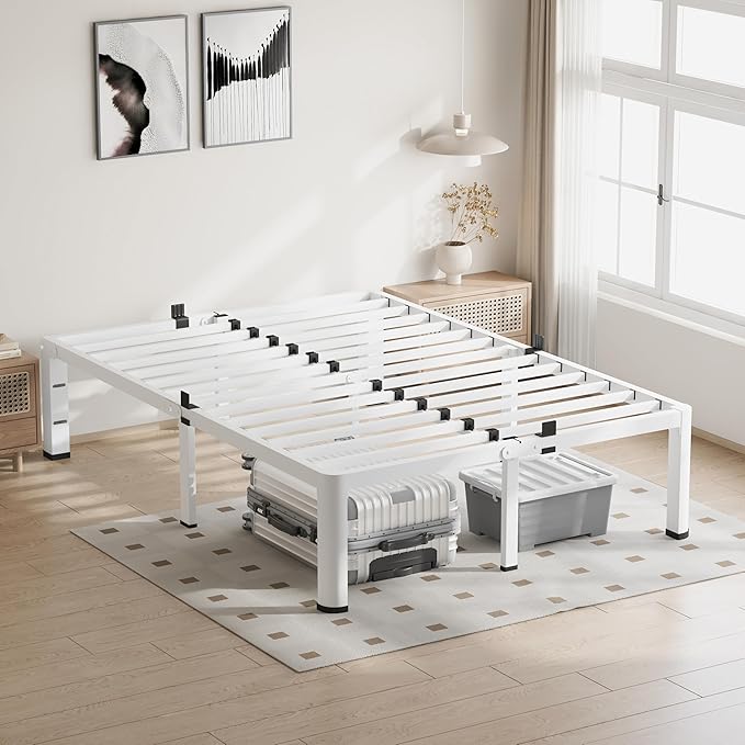 VIPSHOW 12 Inch White Queen Bed Frame, 3500Lbs Heavy Duty Metal Platform with Round Corner Legs Mattress Slide Stopper, Steel Slat Support No Box Spring Needed, Noise Free, Non-Slip, Easy Assembly