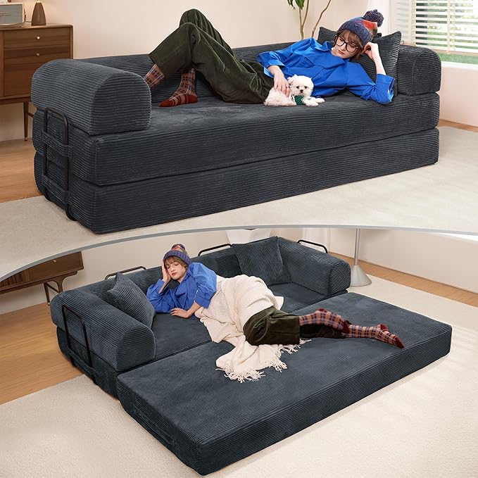 Convertible Sleeper Sofa Bed, 78" Corduroy Foldable Boneless Modular Couch, Memory Foam Compressed Sofa in A Box With Plush Fabric Comfy Floor Lounge Couch for Living Room Apartment Bedroom,Dark Gray