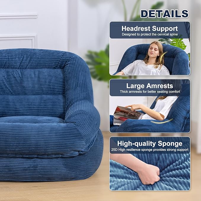 Giant Bean Bag Chair with Armrests - Oversized Cozy Seating for Adults, Corduroy Fabric & High-Resilience Foam Filling, Ideal Lounge for Living Room, Bedroom & Gaming Room (Royal Blue)