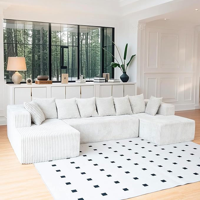 130" Boneless Couch, Cloud Couch Sectional, Corduroy Sofa for Living Room, U Shaped Modular Sofa with Chaise, No Assembly, 4 Seats Oversized (White)