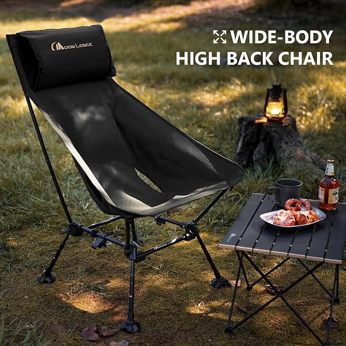 MOON LENCE Oversized High Back Camping Chair for Adults, Height Adjustable Folding Camping Chair with 400 lbs Capacity, Hidden Pillow Pocket and Wide Seat for Camping, Hiking, Picnics, Black