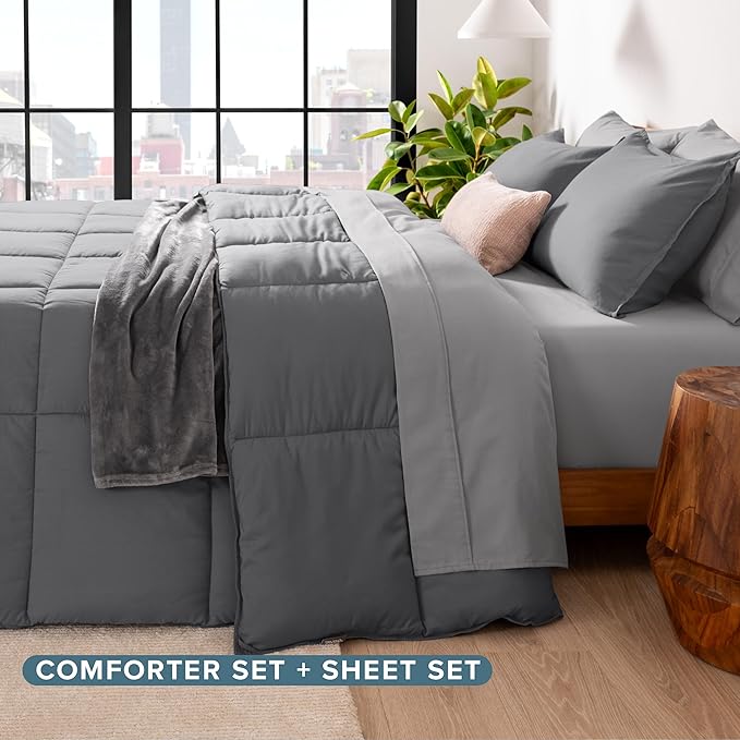 Bare Home Bed-in-A-Bag 5 Piece Comforter & Sheet Set - Twin - Goose Down Alternative - Ultra-Soft 1800 Premium Bedding Set (Twin, Grey/Light Grey)