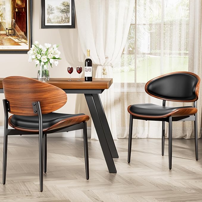 YaFiti Dining Chairs Set of 8, Dining Room and Kitchen Chairs, Mid Century Modern Retro Chair, Upholstered PU Leather Chairs for Vanity with Walnut Bentwood and Metal Legs (Black)