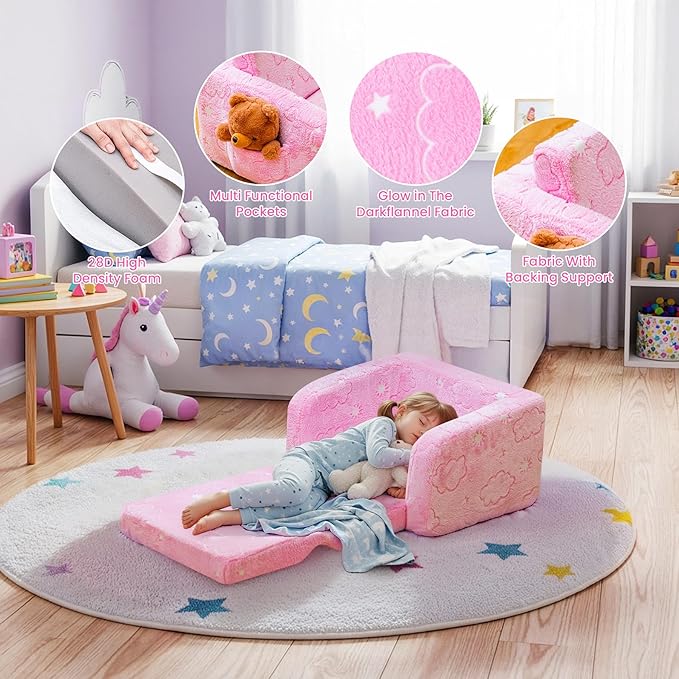 Lamerge 2-in-1 Soft Toddler Couch Fold Out,Foldable Toddler Chair, Glow in The Dark Kids Sofa for playroom,Convertible Foam and Floor Cushion for Boys and Girls (Pink and Clouds)