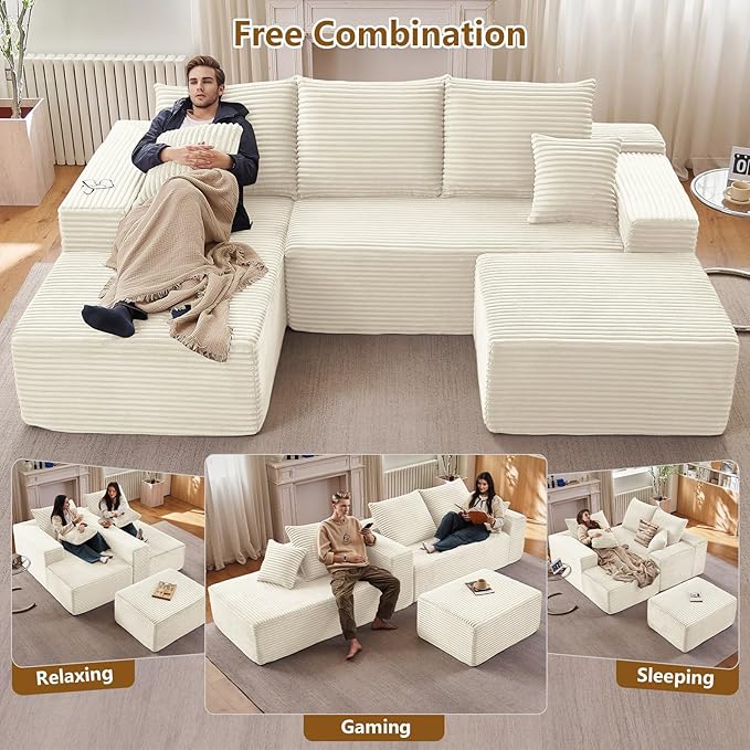 Lakifun 107" L-Shape Sofa with Ottoman, Modern Modular Sectional Comfy U-Shape Cloud Couch, Deep Seat, Upholstered Corduroy Sleeper Chaise Longue for Living Room Bedroom, No Assembly Required, White