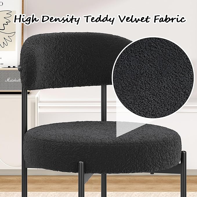 Farini Dining Chairs Set of 4,Mid-Century Modern Kitchen Chair Curved Backrest Round Upholstered Sherpa Dining Chairs with Metal Legs,Black