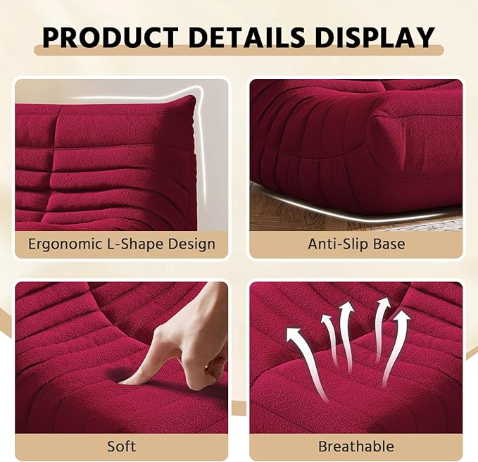 Bean Bag Chair, Fireside Chair, Large Bean Bag Chair for Adults, Bean Bag Chairs for Teens with High-Resilience Foam, Non-Slip Base Floor Lounge Sofa,Living Room (Burgundy, 3-Seater)