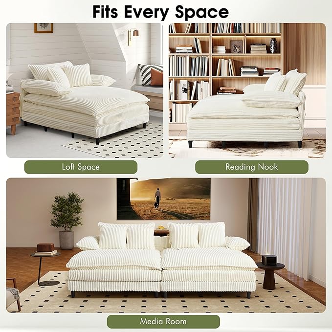 54.8" W Oversized Chaise Lounge Chair Indoor with 5-Position Adjustable Backrest, Corduroy Sleeper Sofa Bed with 3 Pillows, Modern Cloud Couch Chair for Living Room, Bedroom, Beige