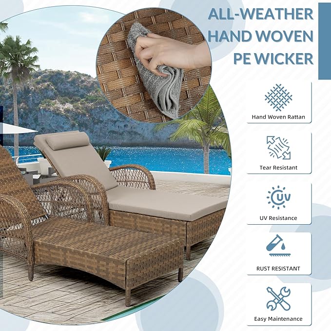 WINGTU Outdoor Chaise Lounge Chair Set of 2, PE Wicker Recliner Patio Reclining Sunbathing Chair with Cushion, 6-Position Patio Lounge Chair with Adjustable High Backrest, Armrest & Pillow, Beige