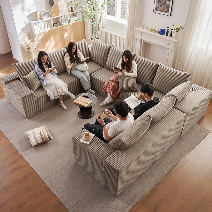 Sectional Cloud Couch for Living Room, Big Comfy Corduroy Couches Set with Fluffy Memory Foam, Modular Floor Deep-Seat Sofa, Stupendous U Shaped Sofas with 12 Pillows, No Assembly Required, Camel