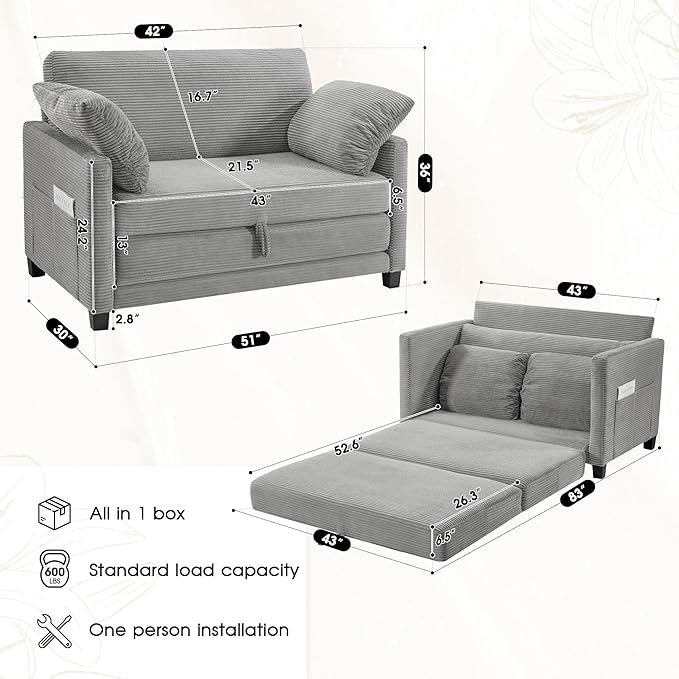 51" Convertible Loveseat Sofa Bed, 2-in-1 Folding Sofa Bed with 2 Pillow for Small Spaces, Modern Loveseat Sleeper Couch for Apartment, Living Room & Guest Room (Light Grey Corduroy, 51 inch)