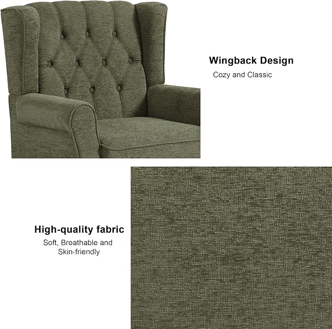 DREAMSIDEA Accent Chair, Upholstered Armchair with Button Tufted High Back & Solid Wood Legs, Comfy Wingback Reading Single Sofa Chair for Small Spaces, Living Room, Bedroom (Green, Set of 2)