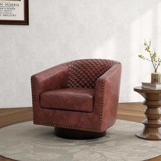 DREAMSIDEA Swivel Barrel Accent Chair, Comfy Modern Upholstered Round Faux Leather Arm Chair for Living Room, Bedroom（Red Brown, Set of 2