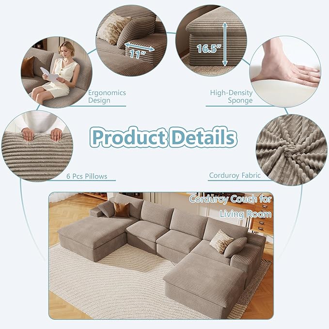 136" Cloud Sectional Couch with U-Shaped Chaise,Corduroy Viral Boneless Sofa with Ottoman,Memory Foam Couches in a Box with Deep Seat for Living Room,No Assembly Required (Camel,Left-Facing Chaise)