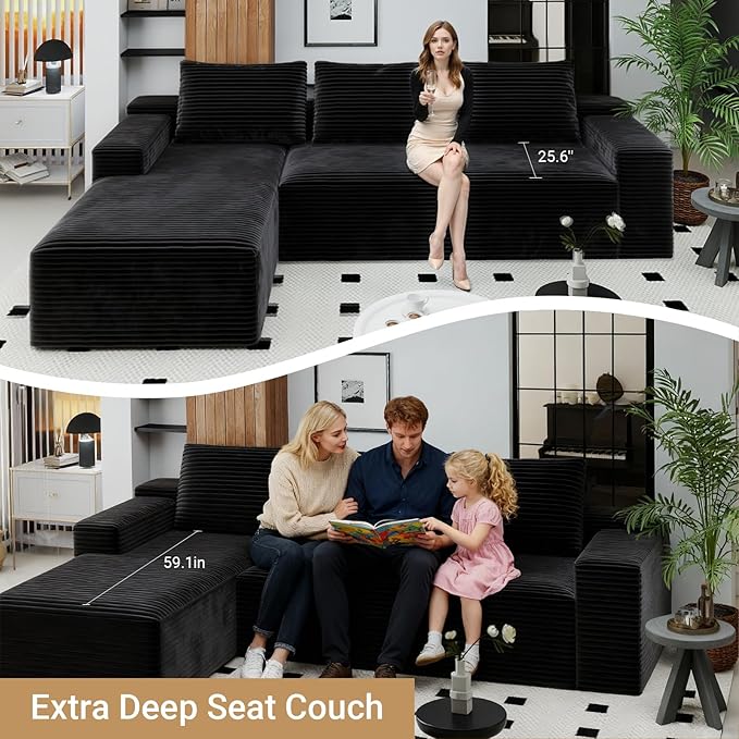 KAPEETOO Modular Sectional Sofa Cloud Couch with Chaise Longue, Left L Shaped Boneless Couch with Deep Seat, Oversize 3-Seater Sofa L Shaped Set for Living Room Bedroom (Black)