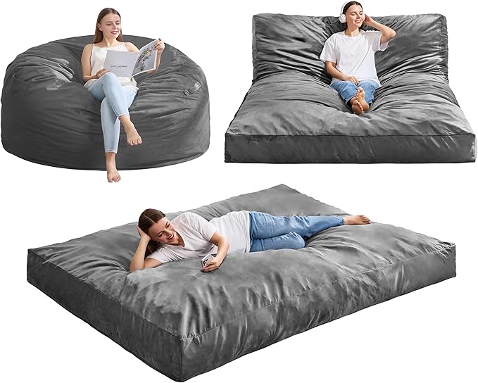 Hobestluk Giant Bean Bag Chair Bed for Adults, Large Bean Bags with High-Density Foam Filling, Convertible Big Sofa Bed Couch for Living Room, Bedroom, Playroom (Grey, Queen)