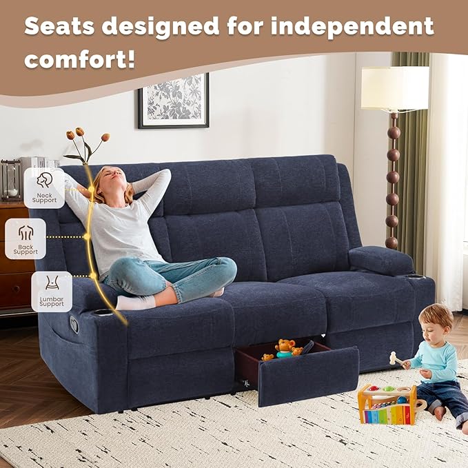 PALLOME Chenille Reclining Sofa 3-Seater with Convertible Table, Storage Ottoman & Cup Holders | Modern Space-Saving Couch, Ergonomic Living Room Furniture (Blue)