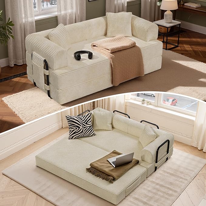 Convertible Coarser Corduroy Sleeper Sofa Bed with Cylindrical Pillow, Folding Mattress Couch with Fixed-Shape Frame, Floor Sofa Lounge Couch for Living Room Bedroom Lounge Studio, Beige