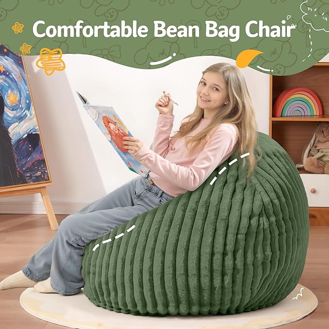 Homguava 2FT Bean Bag Chair, 2' Small Bean Bags with Memory Foam Filled, Beanbag Chairs with Machine Washable Cover Dutch Corded Plush Cover for Classroom,Living Room,Bedroom-Green