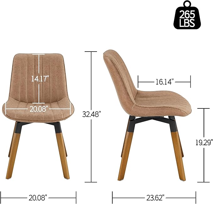 Art Leon Swivel Dining Chairs - Mid Century Modern Kitchen Dining Room Chairs, Upholstered Faux Leather Armless Side Chairs with Wood Legs, Set of 4, Brown
