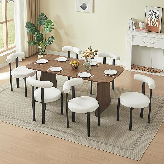 Kiztir Boucle Dining Chairs Set of 6, Modern Dining Room Chairs with Curved Backrest and Black Metal Legs, Upholstered Round Dining Accent Chairs for Kitchen, Living Room, Bedroom (Beige)