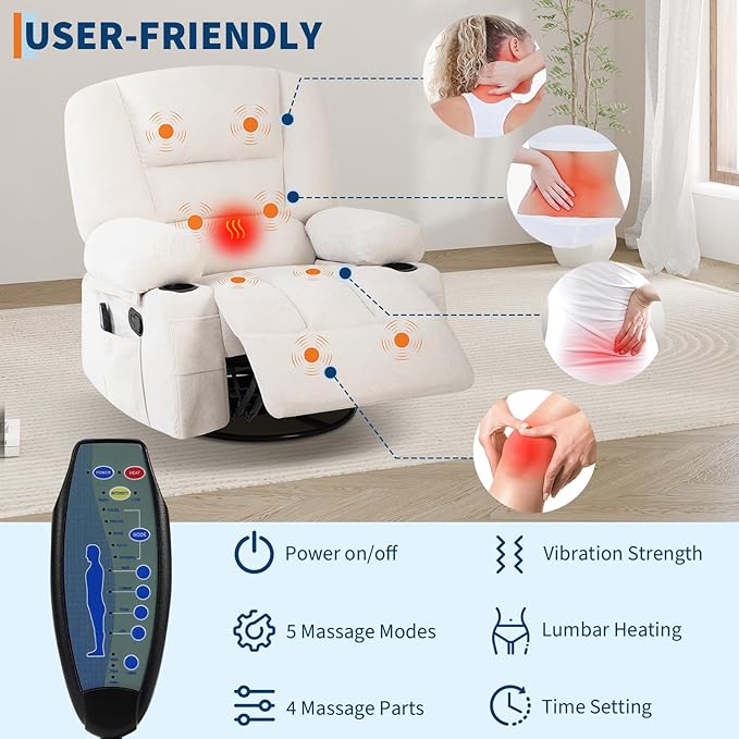 Rocker Recliner Chairs for Adults w/Vibration Massage and Heating,360° Swivel Rocker Glider Recliner,Extra Wide Manual Lazy Chair,Chenille Fabric Sofa Chair for Living Room,Bedroom,White