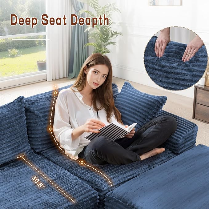 Korser 110" Sectional Couches for Living Room, Modular Sectional Sofa with L-Shape Chaise, Cloud Couch, Comfy Corduroy Fluffy Couch with Deep Seat and Side Pockets