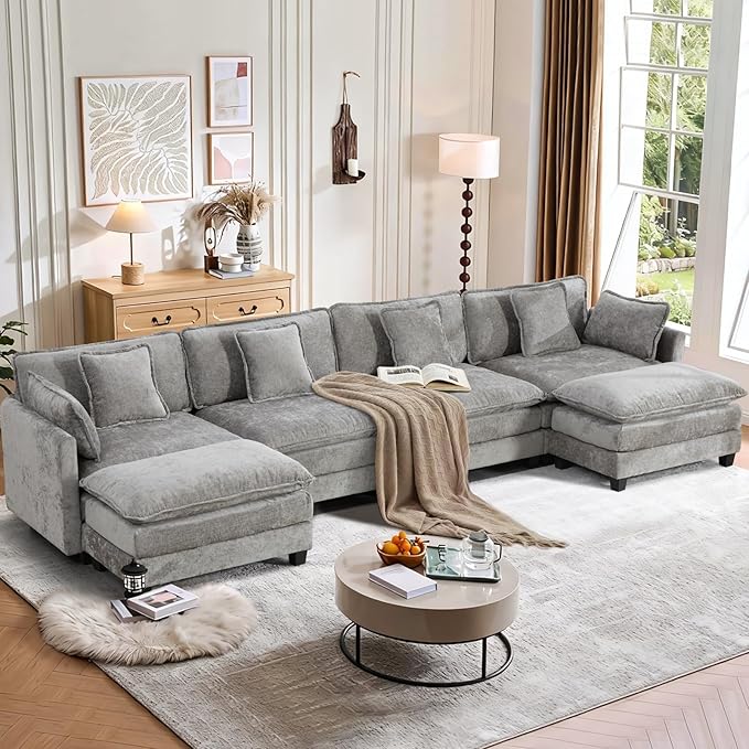 SoarFlash 149.61" Chenille Sectional Sofa, Comfy U Shaped Modular Coush Sofa with Ottoman, Modern 4 Seat Couch Deep Seat Sofa Set for Living Room,Grey