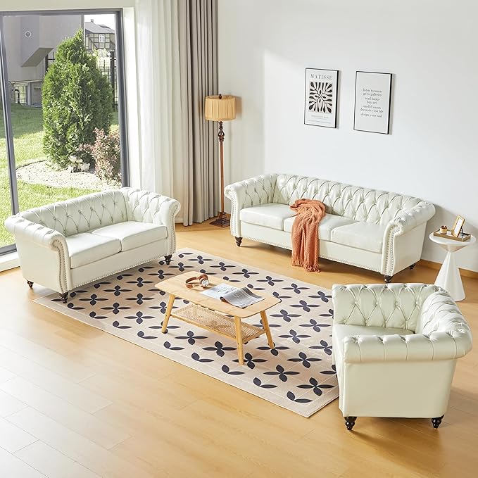 QHITTY Accent Sofa, Chesterfield Loveseat Modern Faux Leather Couch Upholstered Sofa with Tufted Back for Living Room Furniture (White)