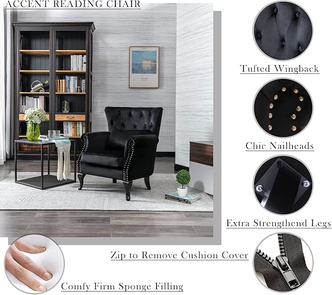 Janoray Mid Century Modern Accent Chair Upholstered Armchair Comfy Velvet Fabric Single Sofa with Tufted Wingback for Small Spaces Bedroom Living Room, Black