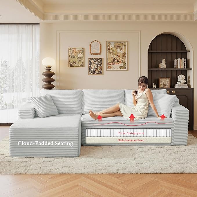 105" Sectional Couches for Living Room Cloud Couch Sofa with L-Shape Upholstered Boneless Couchs Modern Modular Sectional Couch with Chaise (Light Grey, 105" W+Left Facing Chaise+2Seaters)