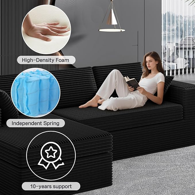 luckyvo 108-inch Boneless Couch for Living Room，Comfy Boneless Sofa with Deep Seats & Chaise Lounge, 3-Seat Modular Sofa Memory Foam Sectional Couches - No Assembly Required(Dark Black)