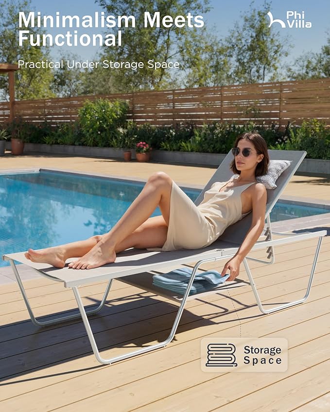 PHI VILLA 78" Oversized Outdoor Chaise Lounge Chair Set of 2, 27" Extra Wide Foldable, 5-Position Adjustable, UV50+ Textilene Mesh, Rust-Proof Aluminum Frame, Khaki Beige