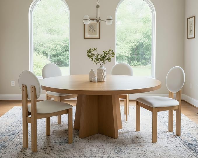 Wahson Modern Wood Dining Chairs Set of 6, Farmhouse Beige Linen Kitchen Chairs with Round Back and Wooden Legs, Mid-Century Armless Upholstered Accent Chairs for Dining Room/Living Room/Restaurant
