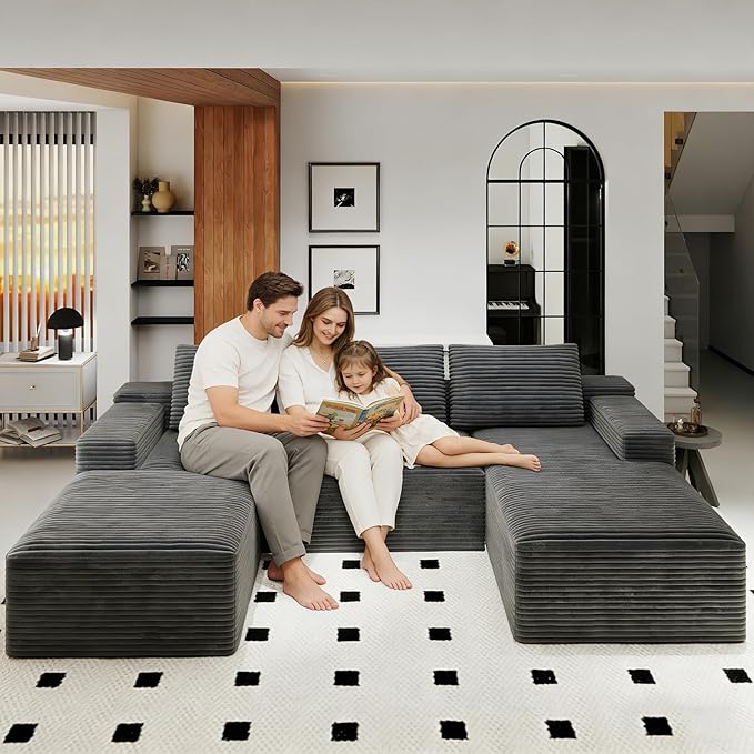 KAPEETOO Modular Sectional Sofa Cloud Couch with Right Chaise Longue, U Shaped Boneless Couch with Ottoman Deep Seat, Oversize 3-Seater Boneless Sofa Set for Living Room Bedroom (Grey)