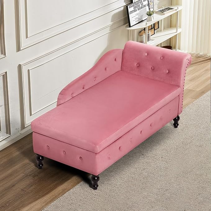 ACMEASE Upholstered Chaise Lounge with Right Armrest & Lumbar Pillow,Button Tufted Lounge Sofa with Storage,Lounge Chair Indoor,Modern Velvet Lounge Chair for Bedroom, Living Room and Office,Pink