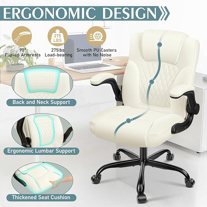 Leather Office Chair, PU Home Computer Desk Chairs with Ergonomic Back Support, 360°Swivel Free, Small Gaming Chair with Wheels and Adjustable Armrests, for Short People Use