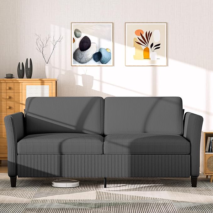 Valthie 79.1" Corduroy Loveseat Sofa, Modern Comfy Couches with Side Pocket, 3-Seater Sofa Couch for Living Room, Bedroom and Small Spaces,Grey