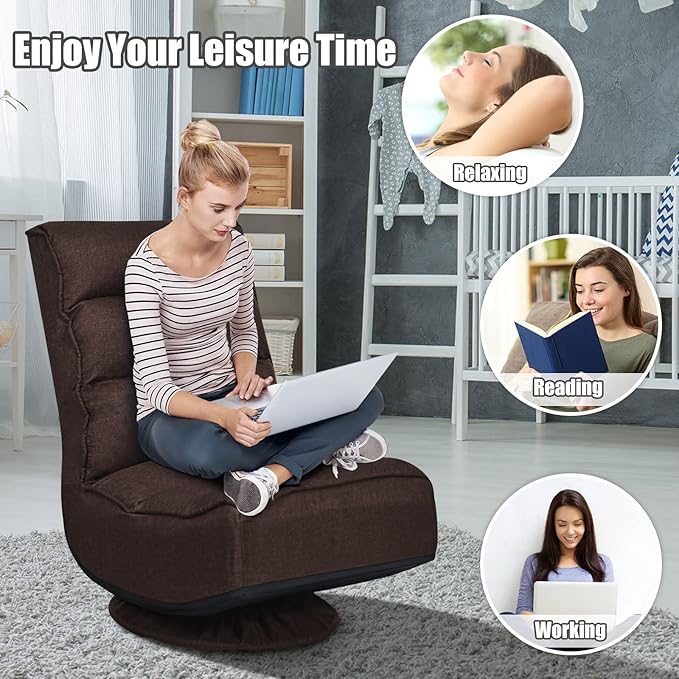 Giantex 360 Degree Swivel Gaming Chair, 6 Position Adjustable Folding Floor Chair, Nearly 300lb Spring Support, Comfortable Padded Backrest, Lazy Sofa Chair Game Rocker for Teens Adults (Brownness)
